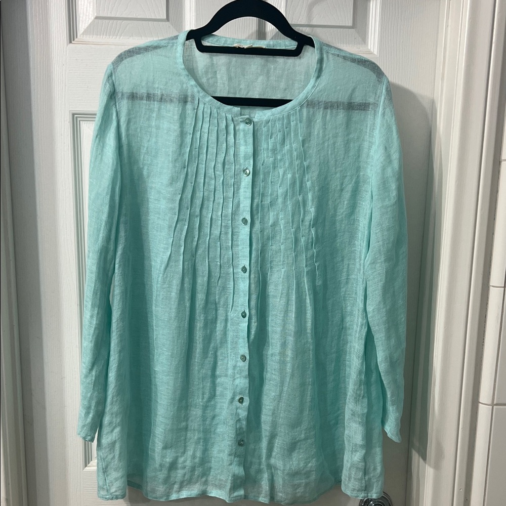 Eileen Fisher 100% Linen Mint Aqua Green Button Front Tunic Top – Size M